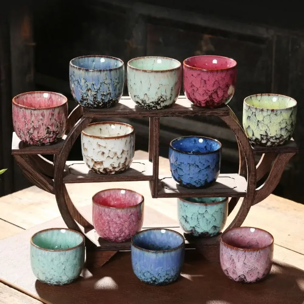 Fornace cups on a wooden rack