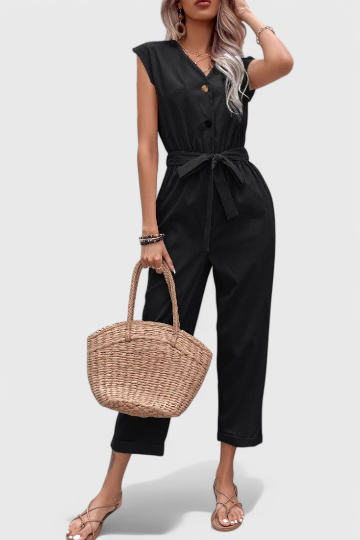 Marie Sleeveless Cotton Jumpsuit with Tied Waist and Button Front – women's jumpsuits, view 3