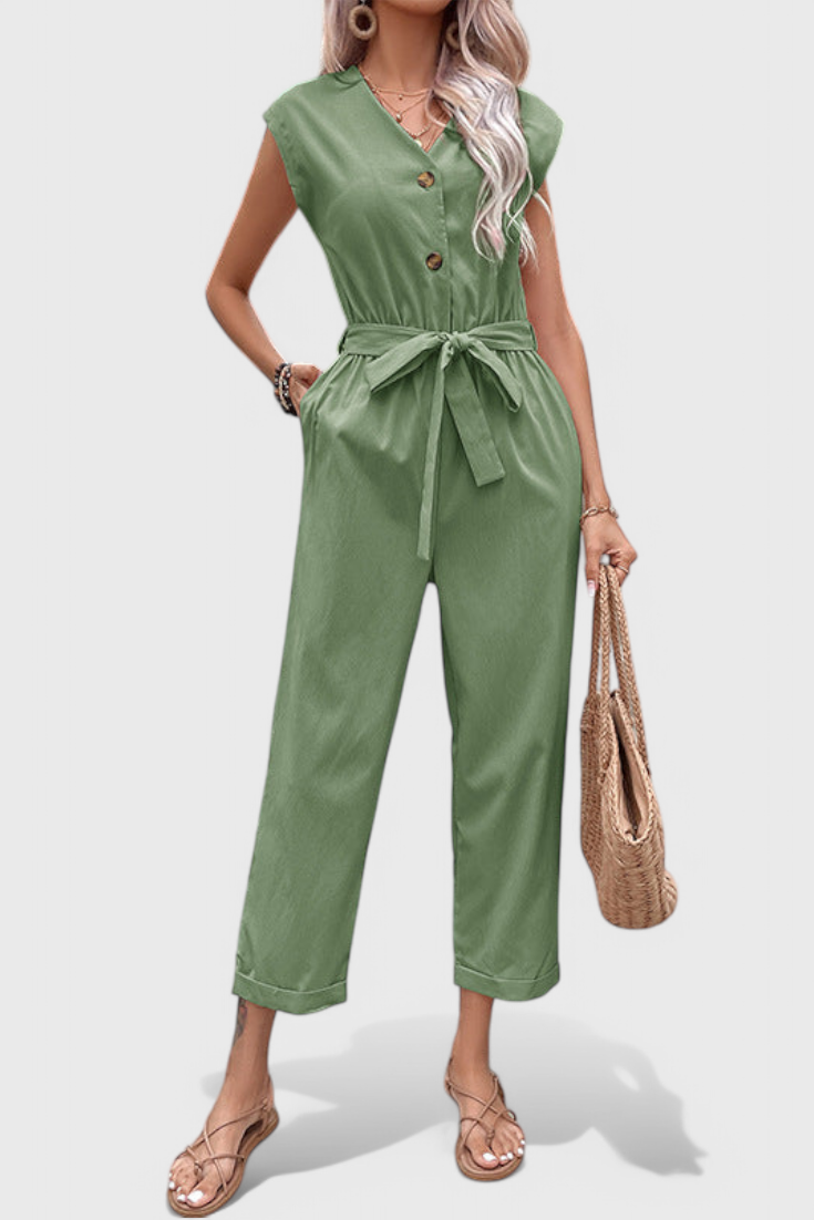 Marie Sleeveless Cotton Jumpsuit with Tied Waist and Button Front – women's jumpsuits, view 4