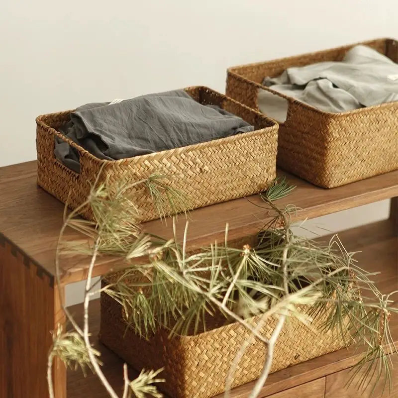 Giunco seagrass baskets on a shelf