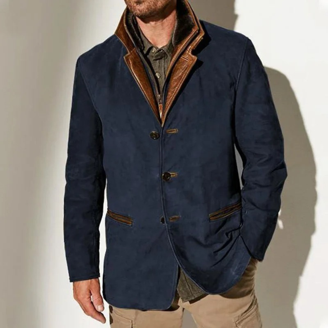 Man wearing the Harrison men's vintage suede-look jacket in Blue
