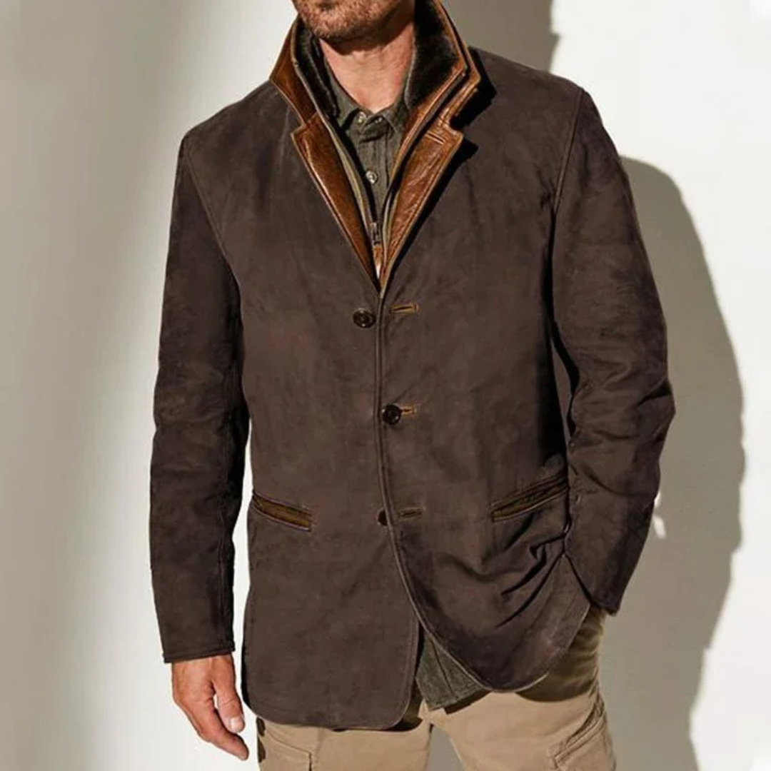 Man wearing the Harrison men's vintage suede-look jacket in Dark Brown