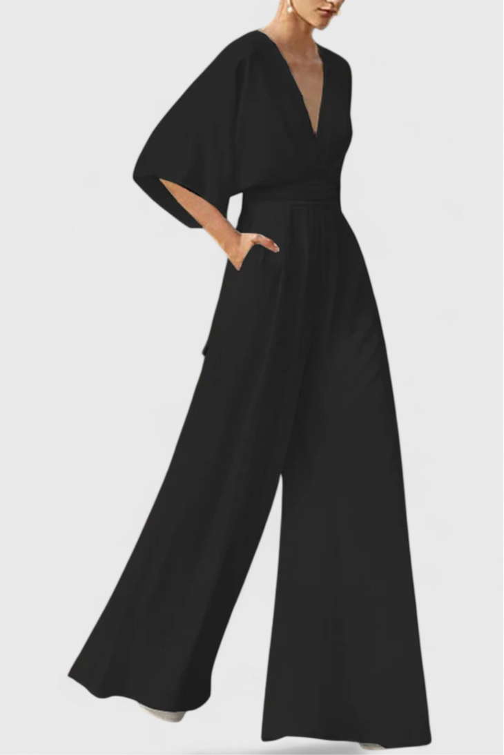 Isaura Chic Jumpsuit with Cape Sleeves and V Neck Design – women's jumpsuits, view 2