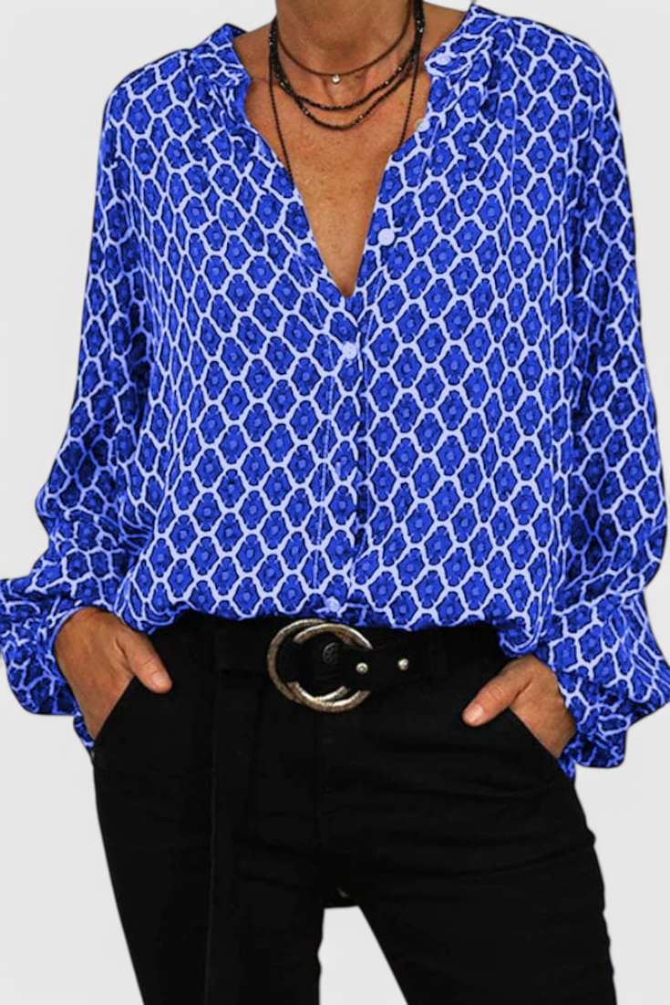 Jemima Geometric Print Blouse with Button Accents – women's shirts, view 5