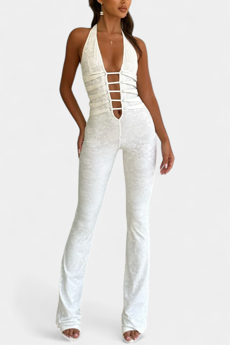 Kendra Floral Lace Halter Jumpsuit Featuring an Open Back – women's jumpsuits, view 5