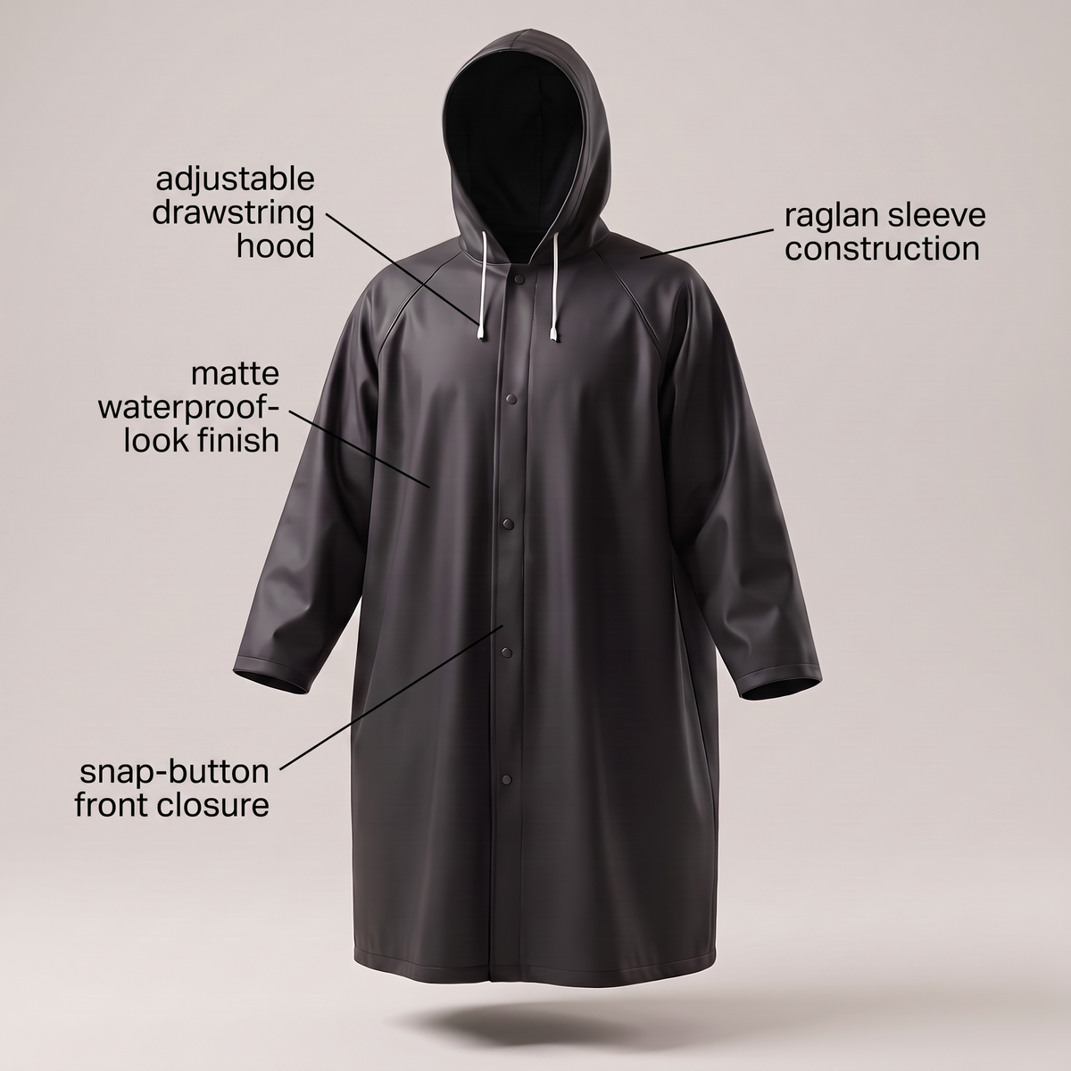 Lago rain coat features: drawstring hood, raglan sleeves, matte finish and snap-button front