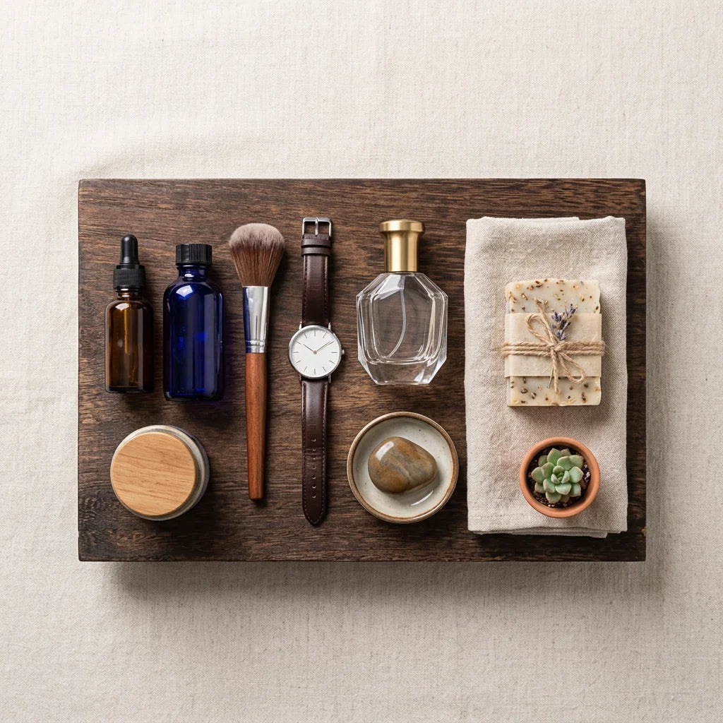 Lavabo tray with beauty products