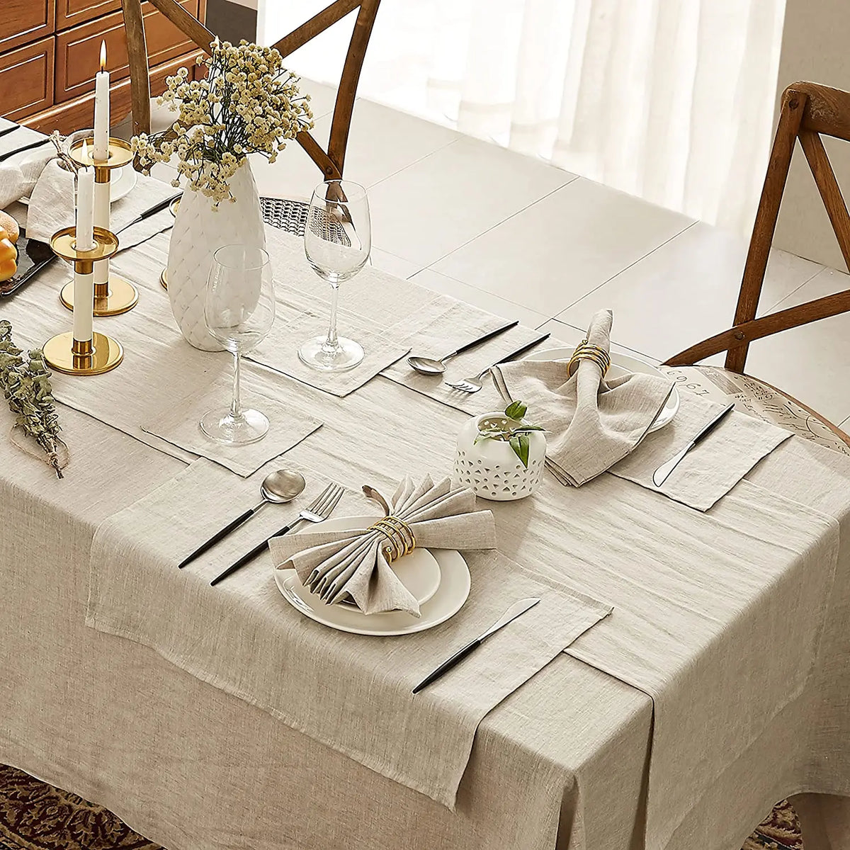 Lino tablecloth styled for dinner