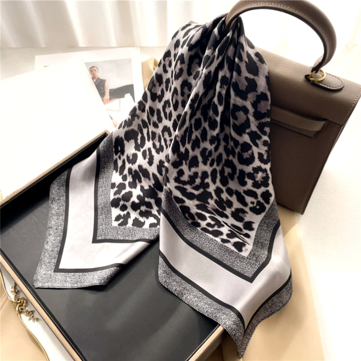 Livia Silk-Feel Square Scarf in Grey Leopard