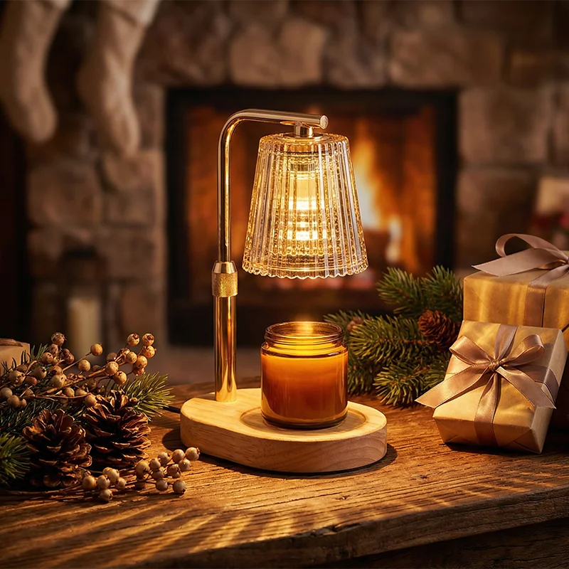 Lume candle warmer lamp by the fireplace