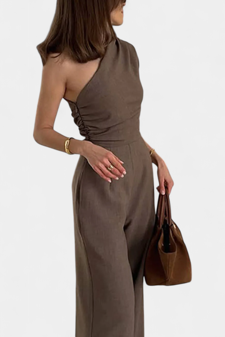 Asymmetrical One Shoulder Jumpsuit with Ruched Accents in Magnolia – women's jumpsuits, view 2