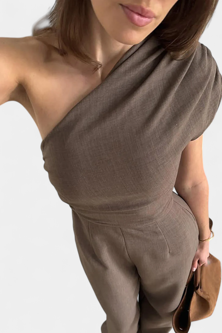 Asymmetrical One Shoulder Jumpsuit with Ruched Accents in Magnolia – women's jumpsuits, view 3