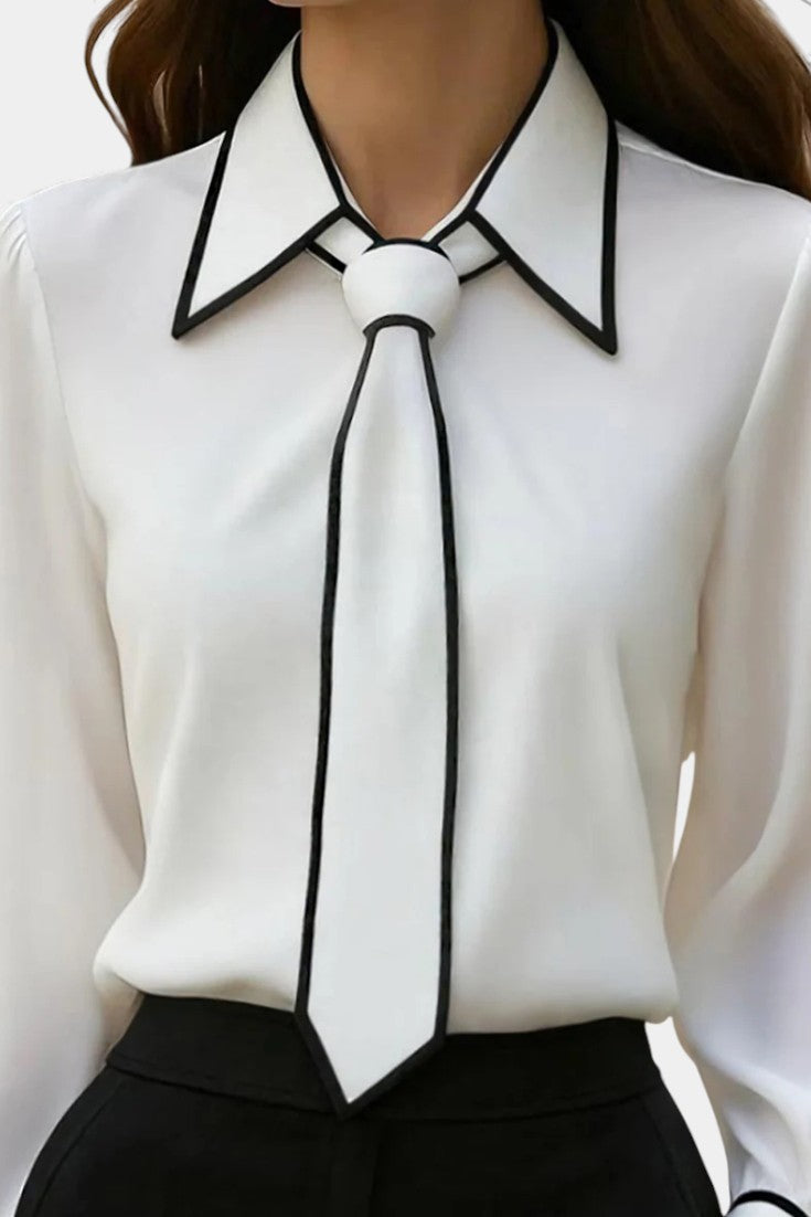 Ivory Maurine Blouse with Knotted Collar and Contrasting Details – women's shirts, view 2