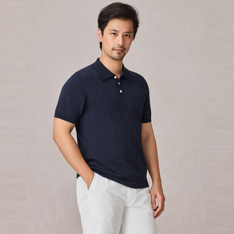 Menaggio men's fine ribbed knit polo in Navy Blue