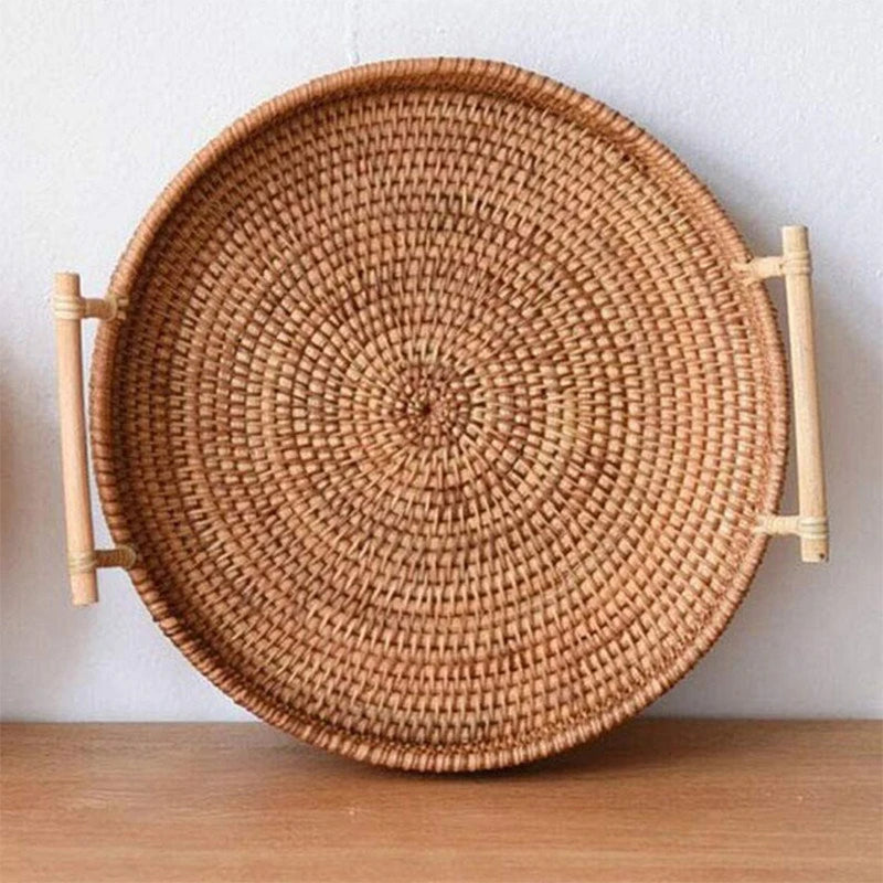 Merenda round rattan tray with wooden handles