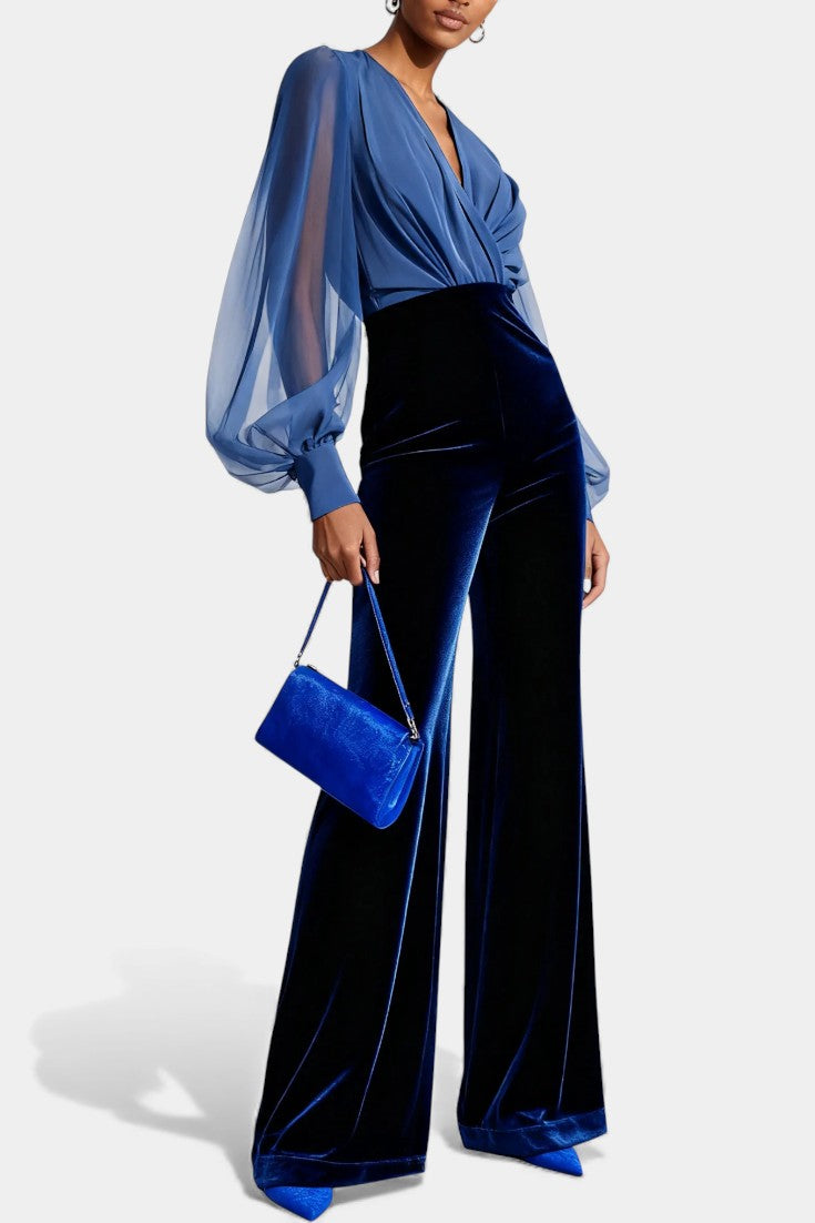 Mikaella V Neck Blue Velvet Jumpsuit with Long Sleeves – women's jumpsuits, view 3