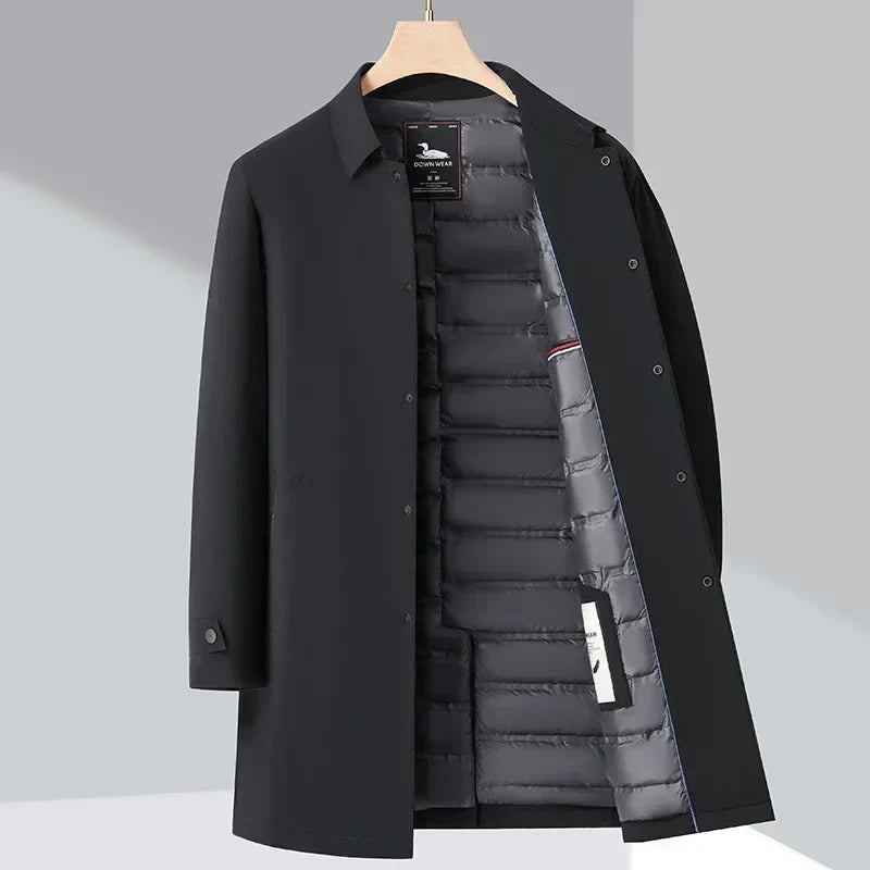 Navigli men's insulated overcoat in Black, open to show the quilted lining