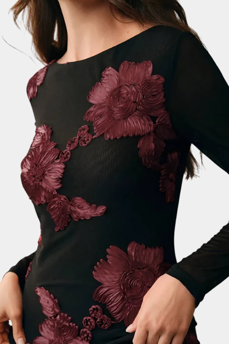 Floral Textured Blouse with Boat Neck and Long Sleeves by Ninon – women's shirts, view 3