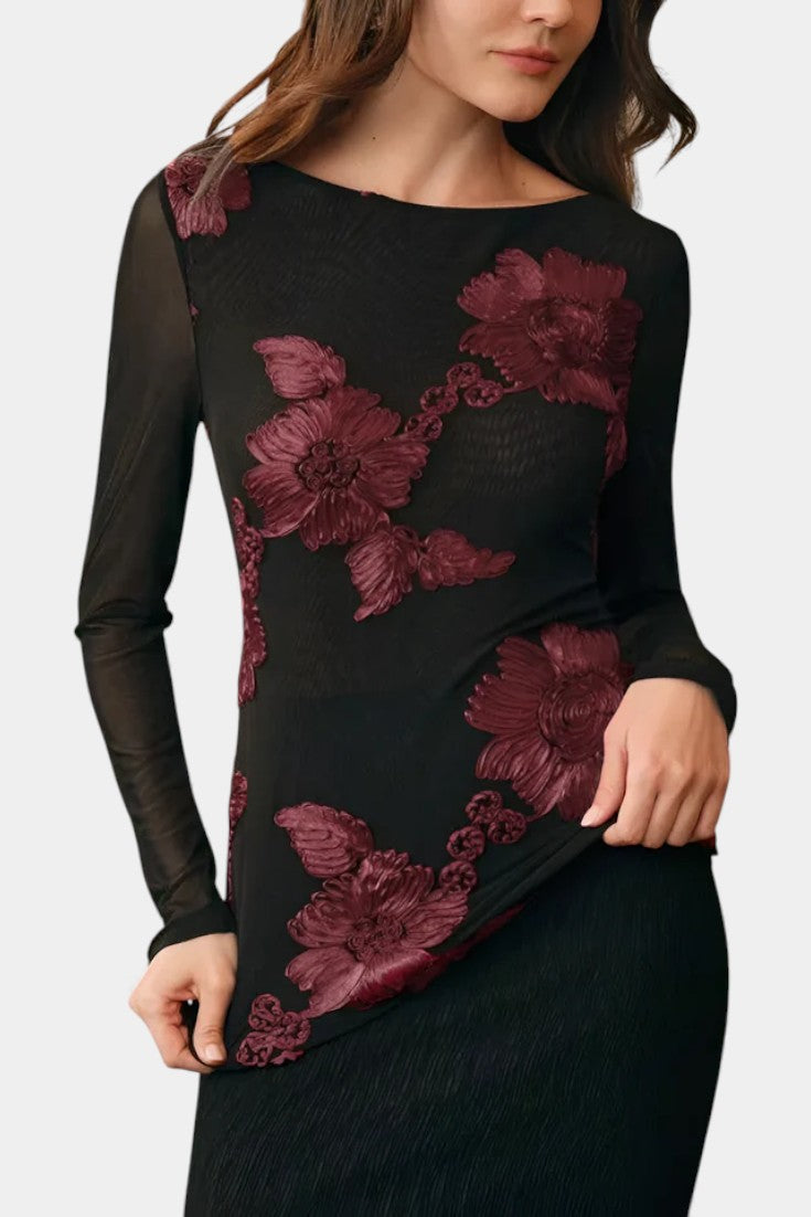 Floral Textured Blouse with Boat Neck and Long Sleeves by Ninon – women's shirts, view 4