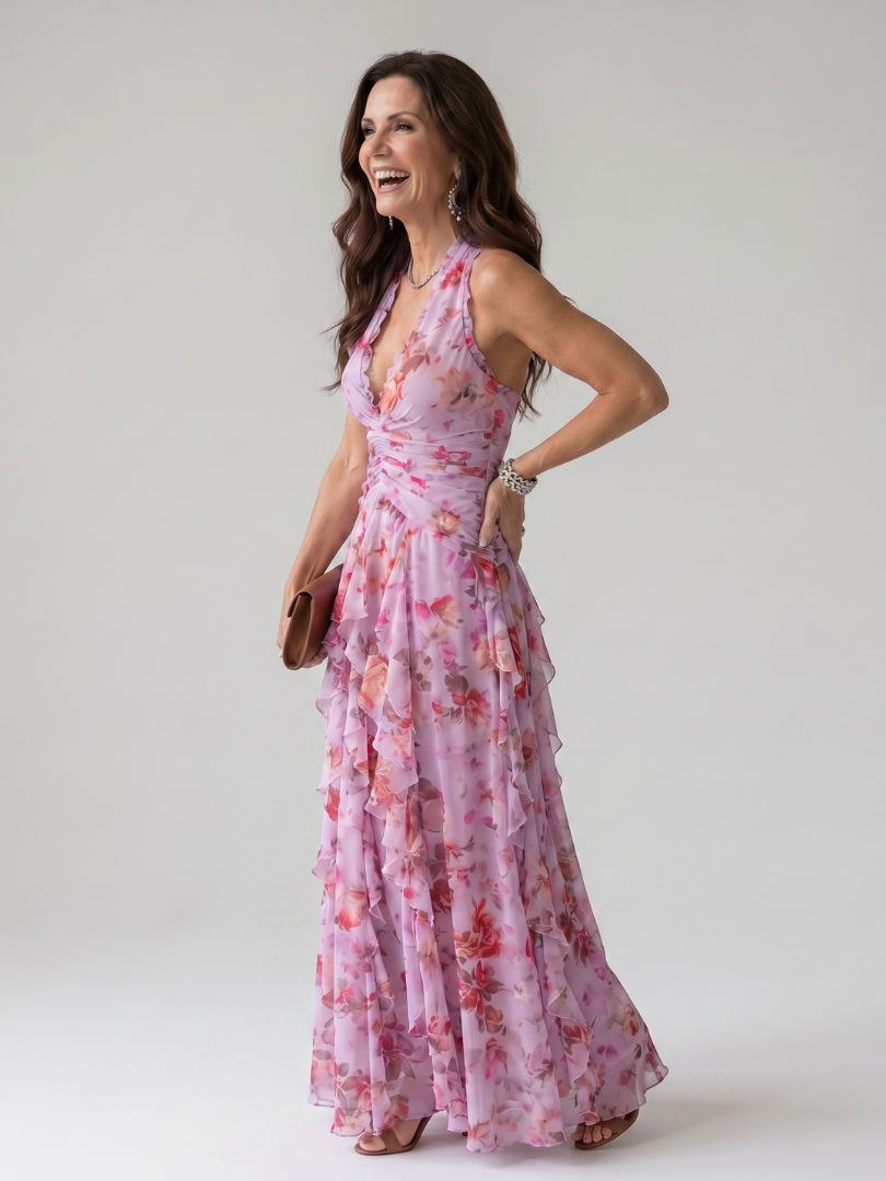 Nori Halter Neck Ruched Bodice Floral Maxi Dress – women's dresses, view 2
