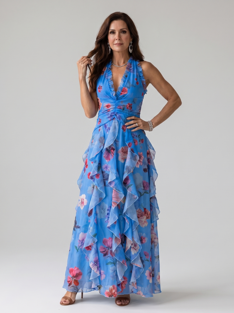 Nori Halter Neck Ruched Bodice Floral Maxi Dress – women's dresses, view 5