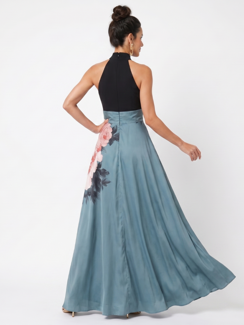 Olympas Halter Bodice Floral Skirt Maxi Dress – women's dresses, view 4