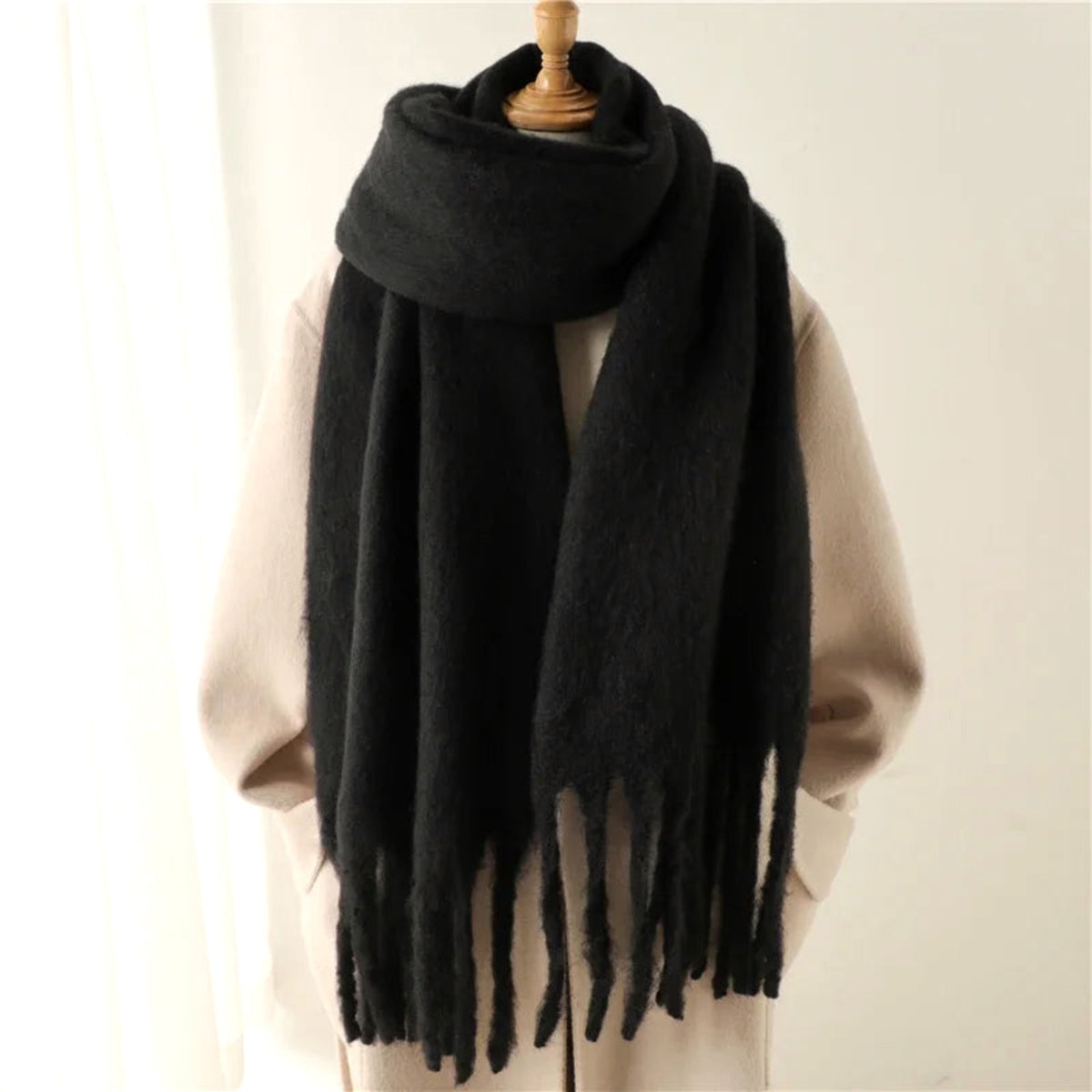Ottavia Fringed Blanket Scarf in Black