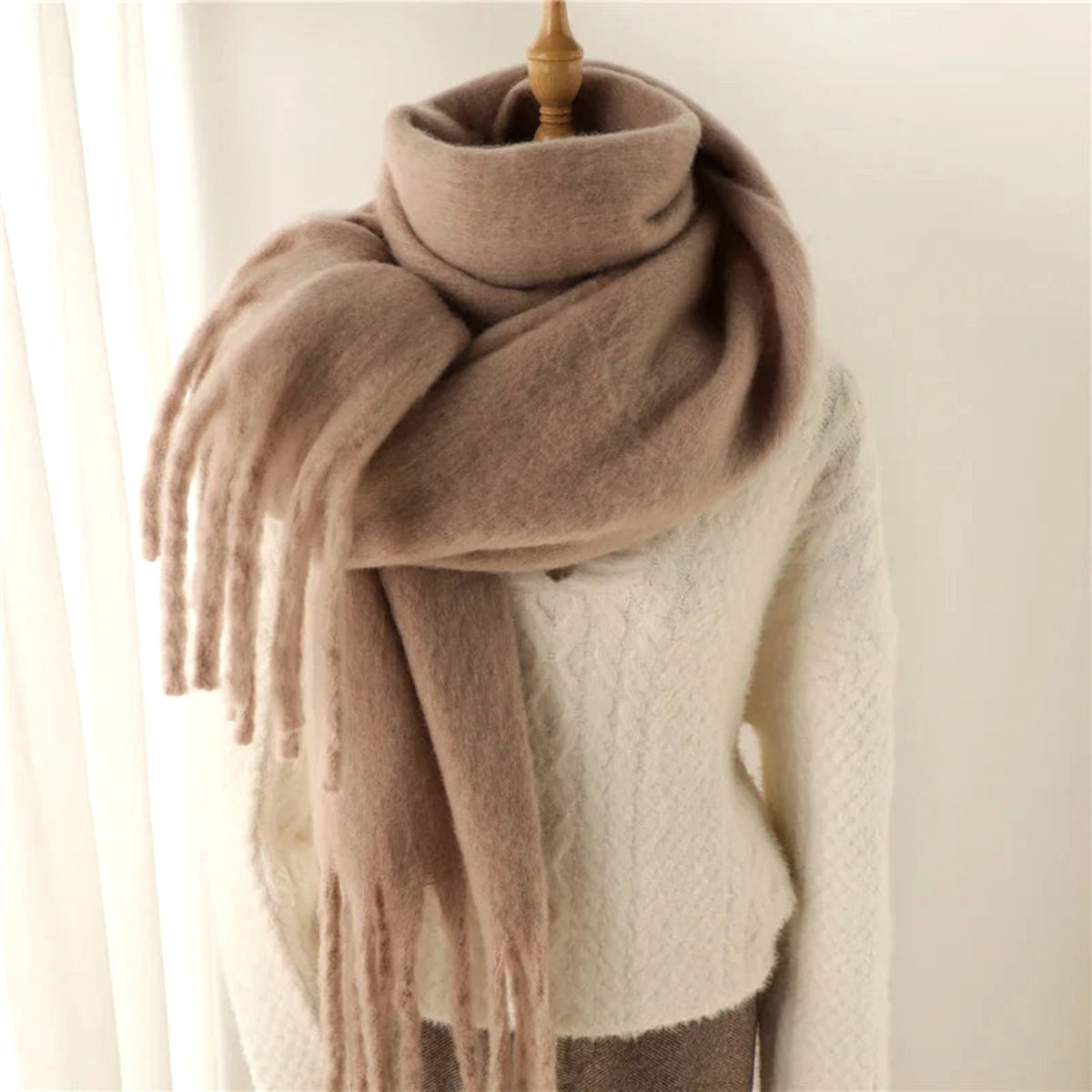 Ottavia Fringed Blanket Scarf in Mocha