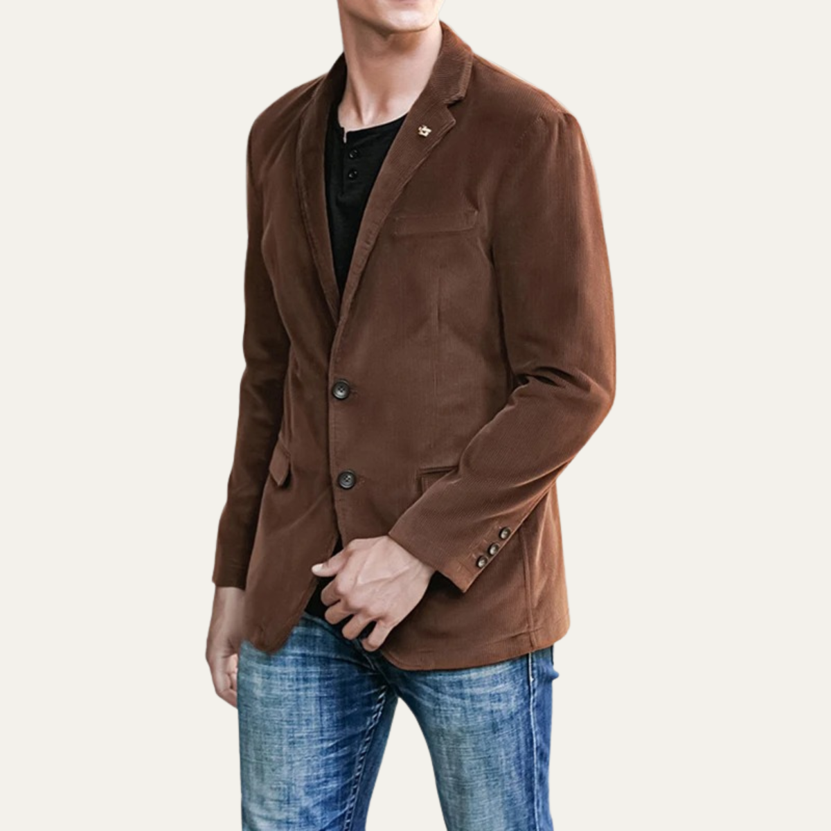 Pienza Corduroy Blazer in Cognac Brown worn with a black tee and jeans