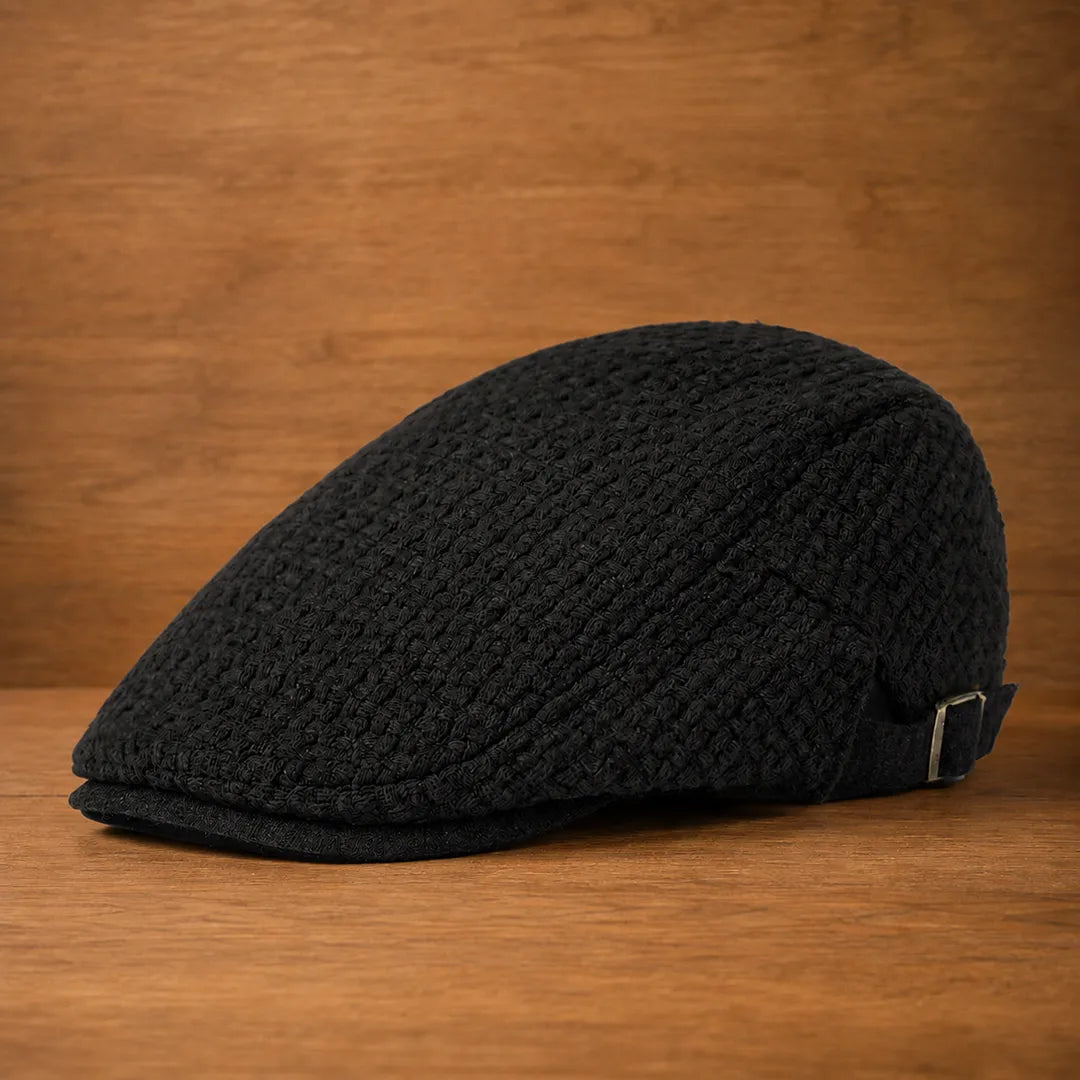 Pietro Textured Adjustable Flat Cap in Black