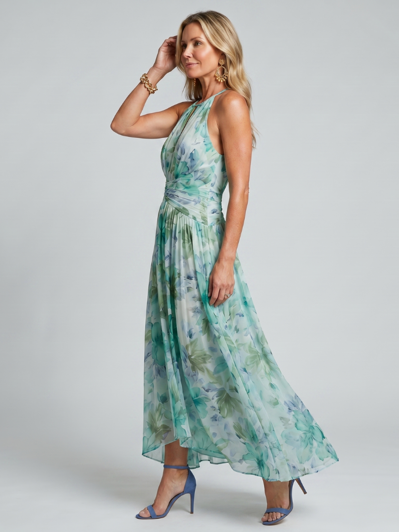 Portia Pleated Halter Soft Floral Pattern Midi Dress – women's dresses, view 2