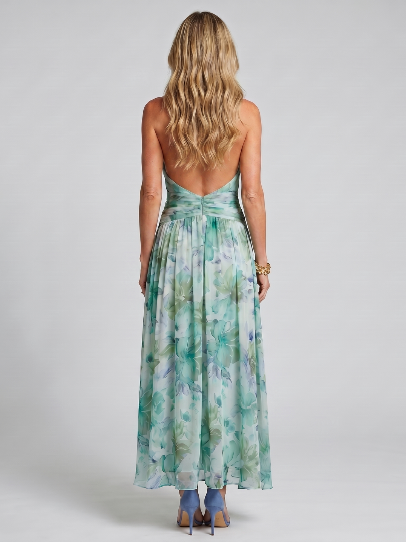 Portia Pleated Halter Soft Floral Pattern Midi Dress – women's dresses, view 4