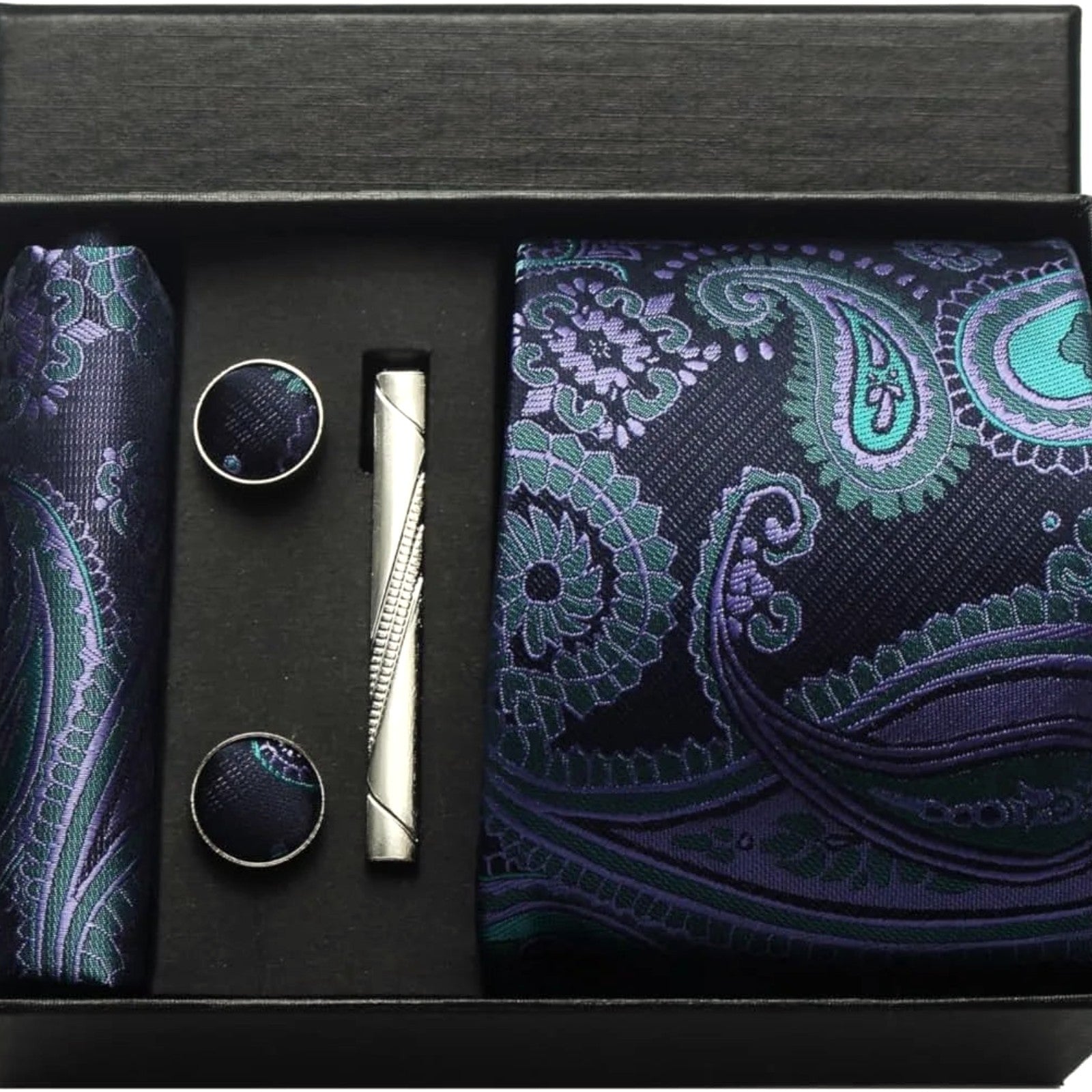 Raffaello Tie, Pocket Square & Cufflinks Gift Set in Navy Paisley