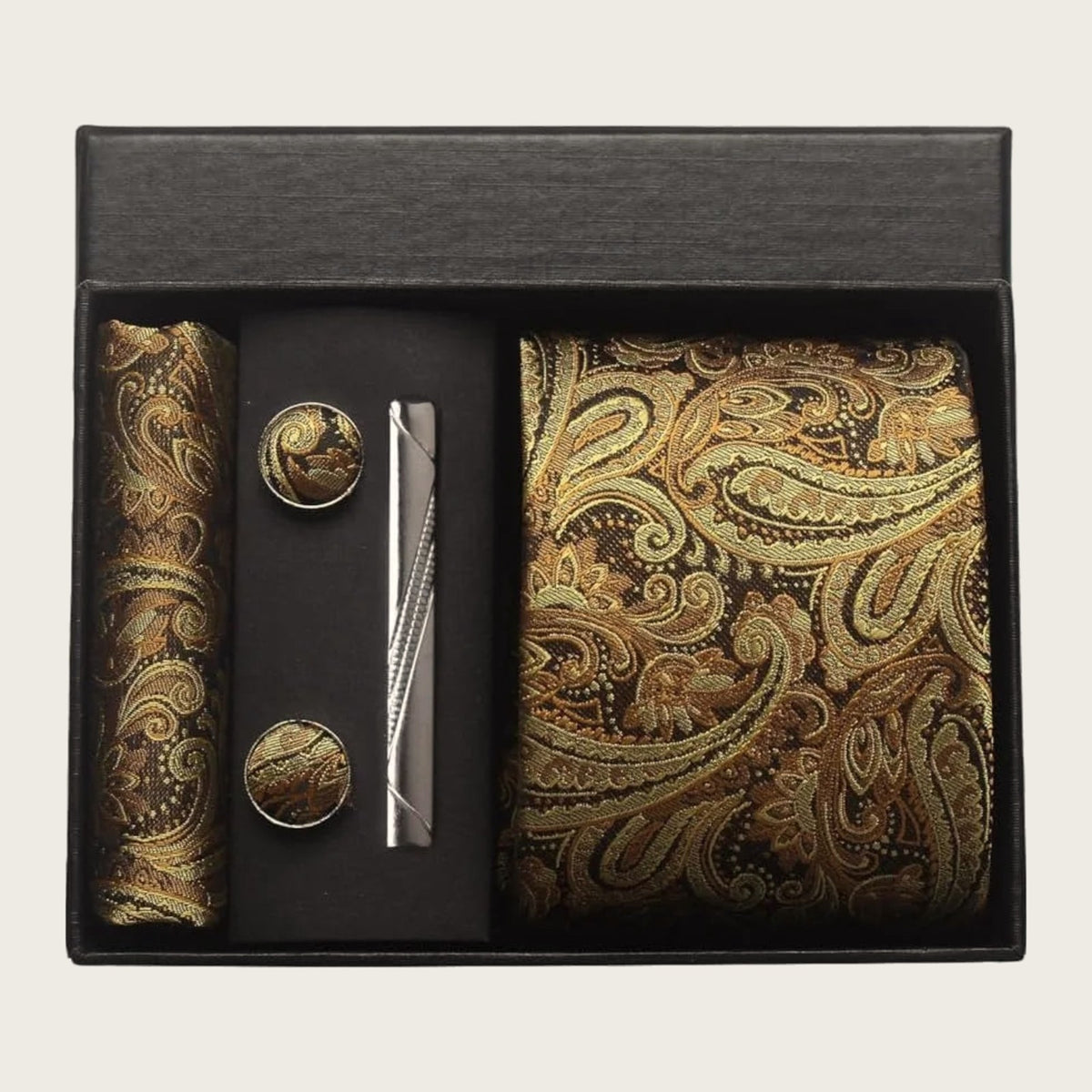 Raffaello Tie, Pocket Square & Cufflinks Gift Set in Gold Paisley