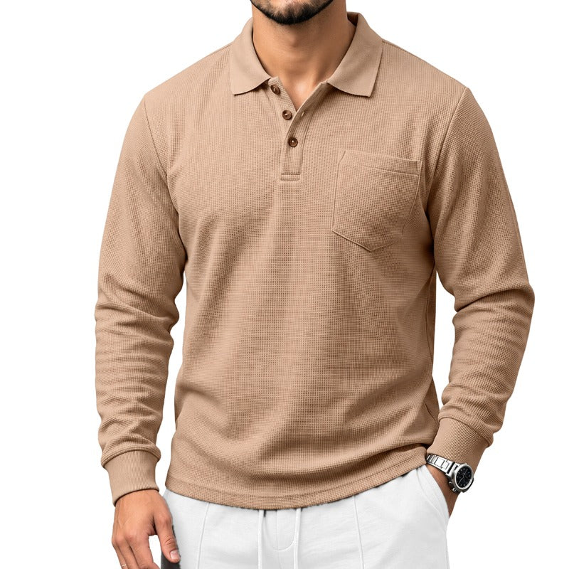 Ravello waffle-knit long sleeve polo in Khaki