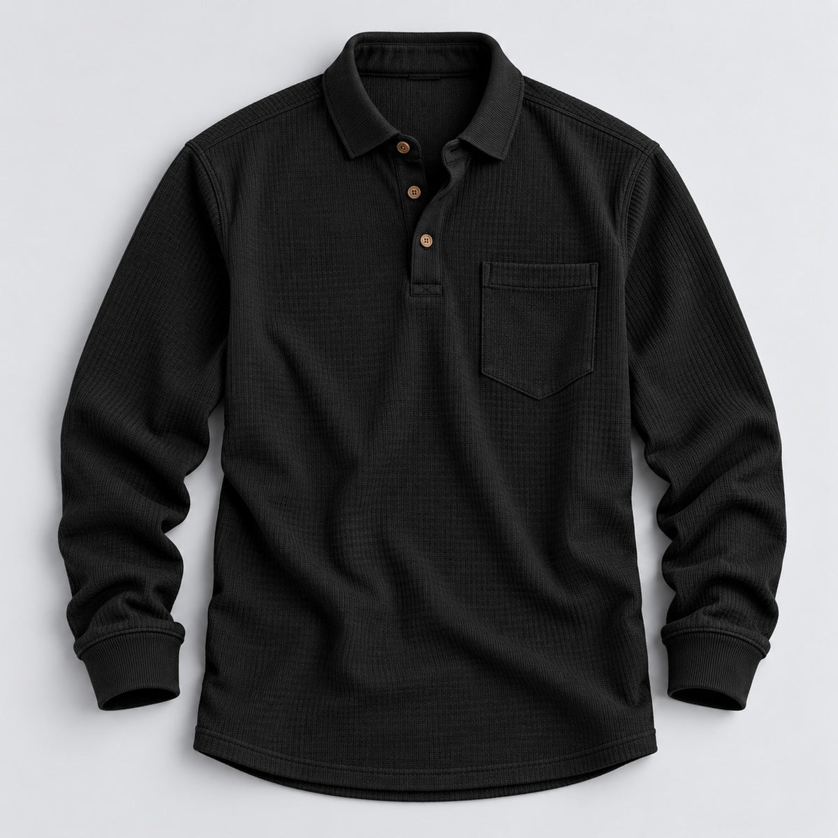 Ravello men's long-sleeve waffle knit polo shirt in black, flat lay