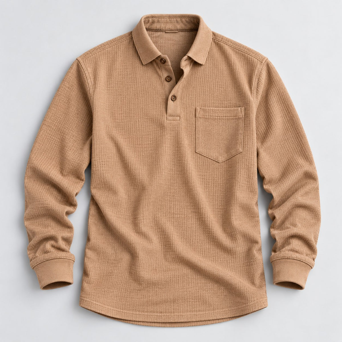 Ravello men's long-sleeve waffle knit polo shirt in khaki, flat lay