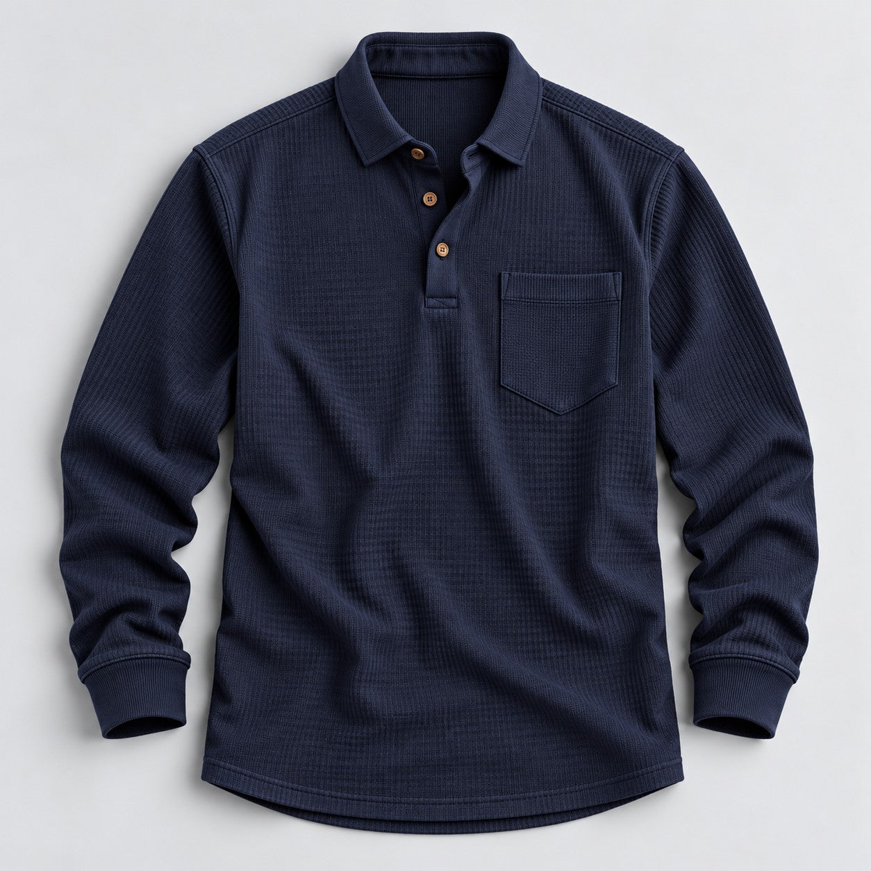 Ravello men's long-sleeve waffle knit polo shirt in navy blue, flat lay
