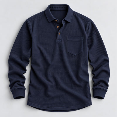 Ravello men's long-sleeve waffle knit polo shirt in navy blue, flat lay