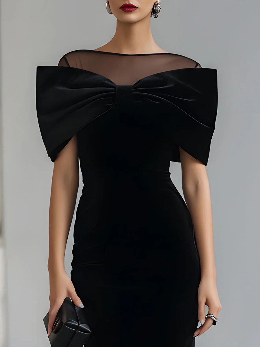 Regina ❘ Black Velvet Midi Dress with Dramatic Bow – women's dresses, view 3