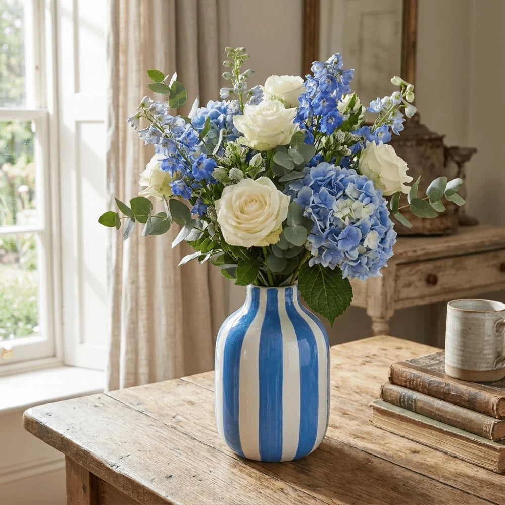 Righe blue striped vase with hydrangeas