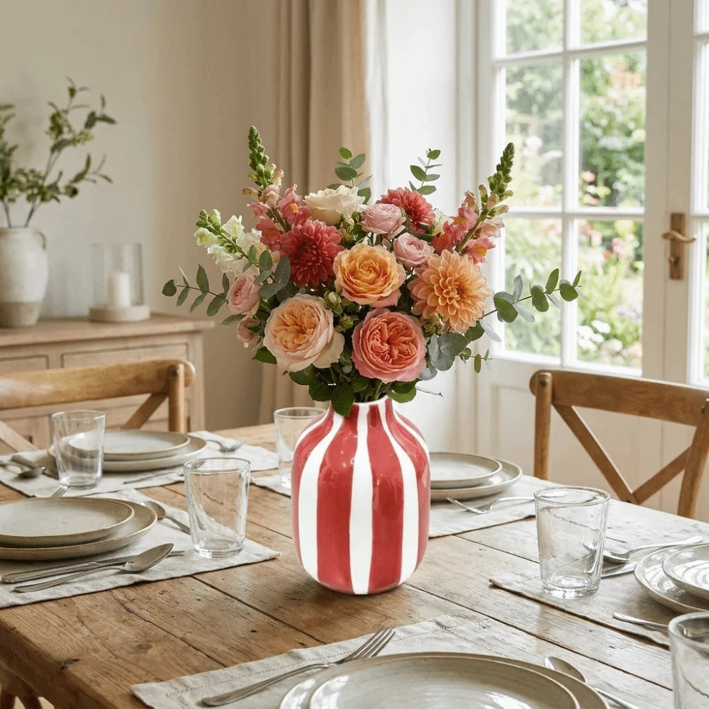 Righe red striped vase with flowers