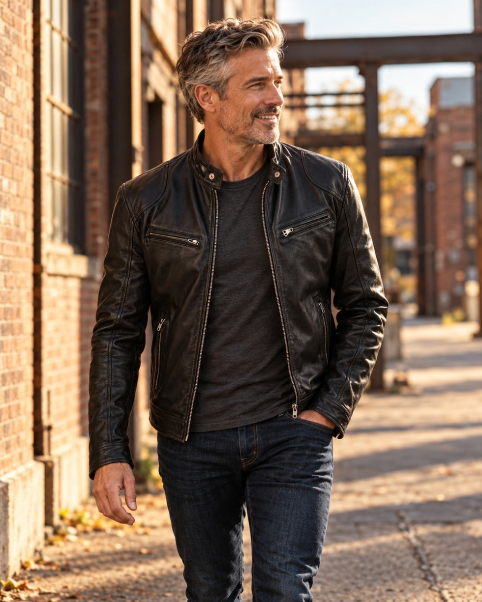 Man wearing the Ryder casual leather jacket in Black on a city street