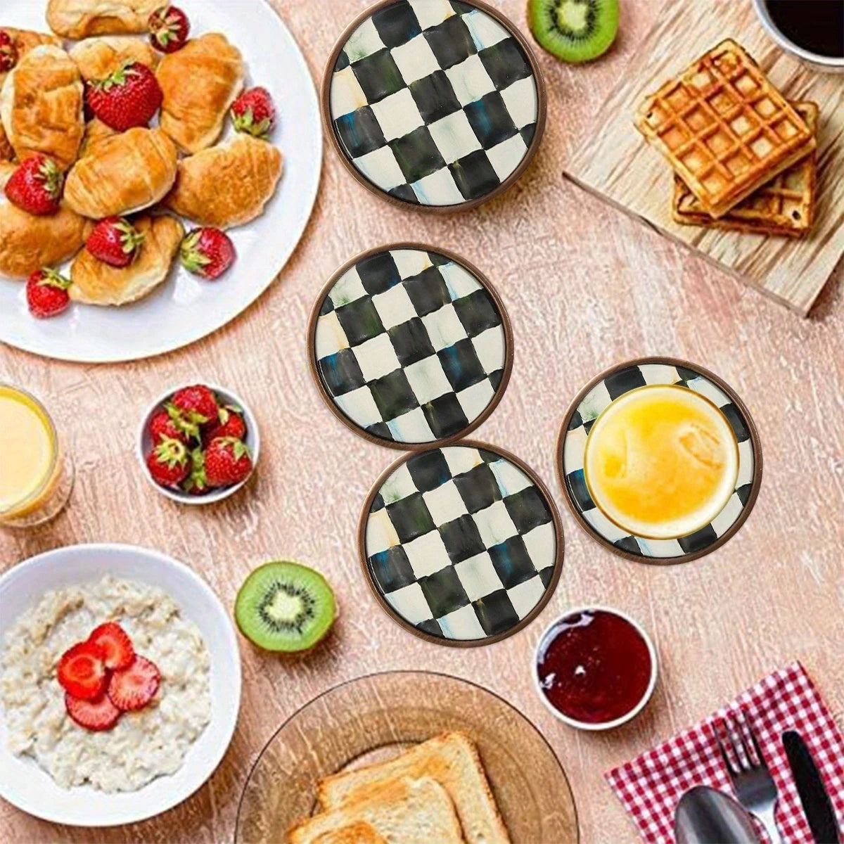 Scacco coasters on a breakfast table