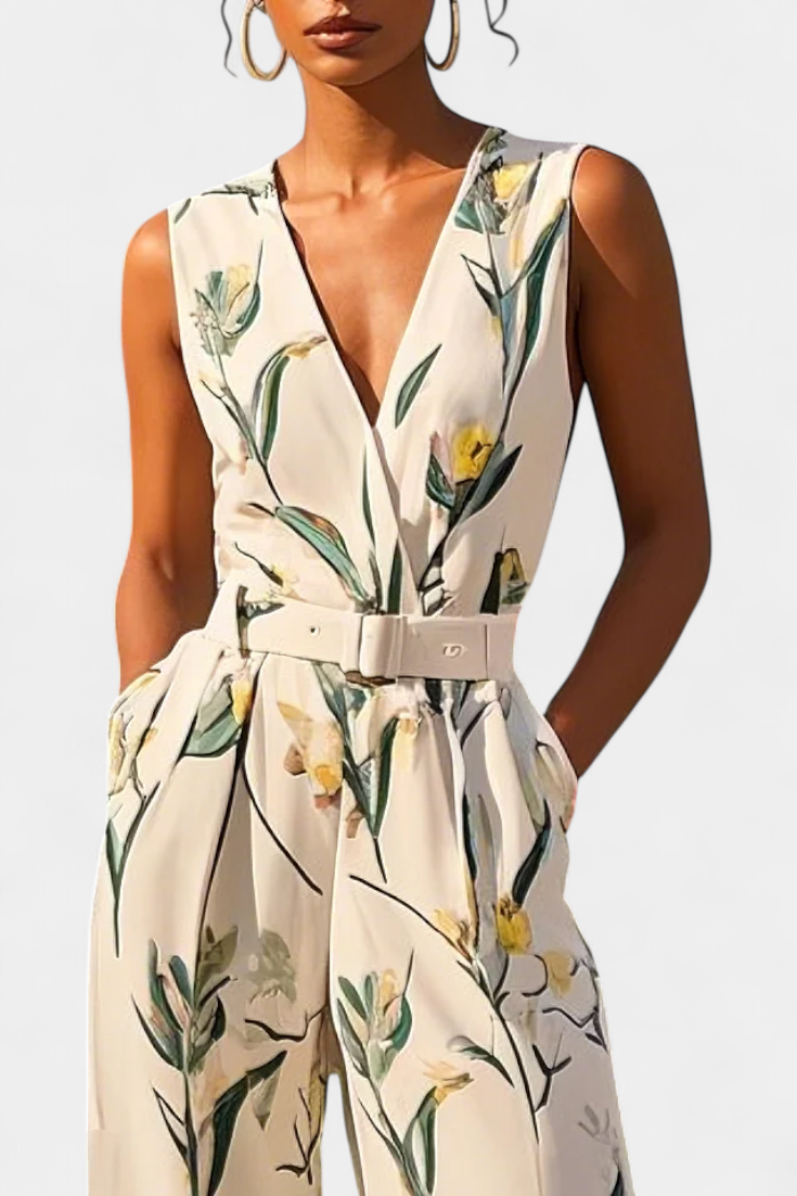 Slara White V Neck Jumpsuit with Belted Waist – women's jumpsuits, view 2