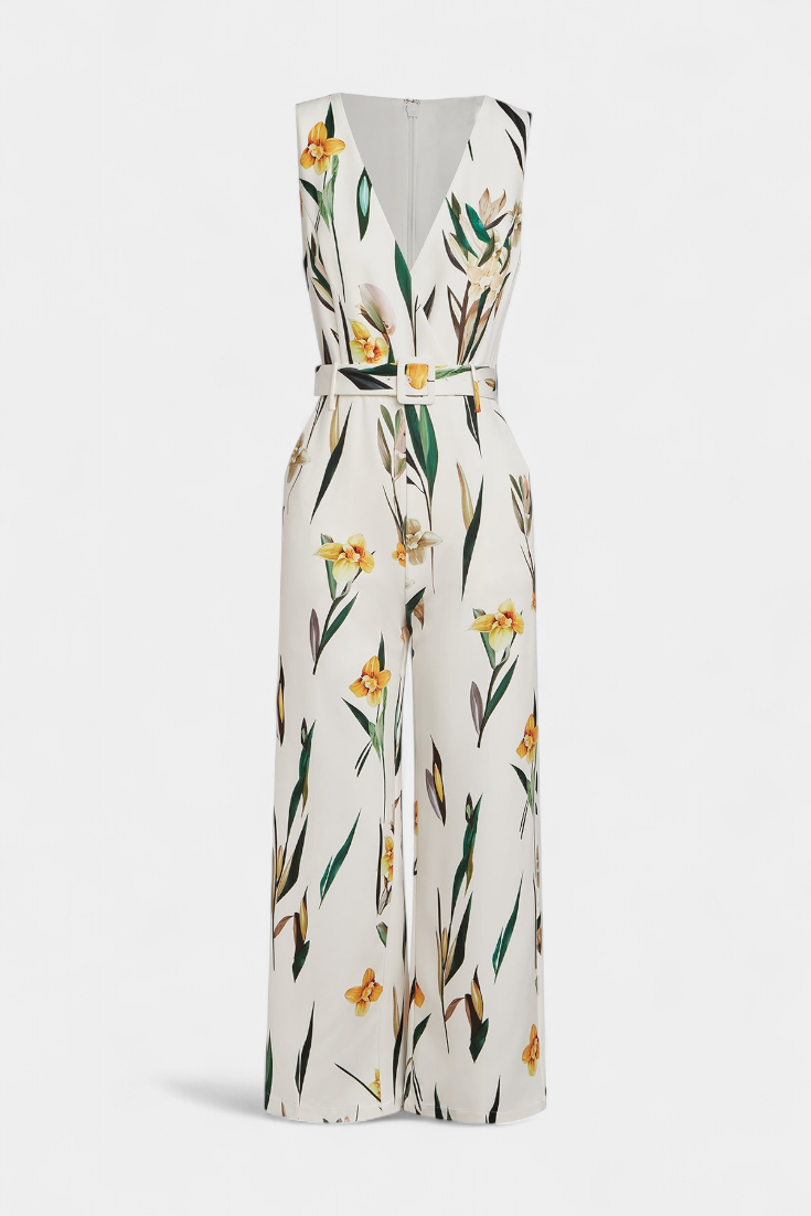 Slara White V Neck Jumpsuit with Belted Waist – women's jumpsuits, view 4