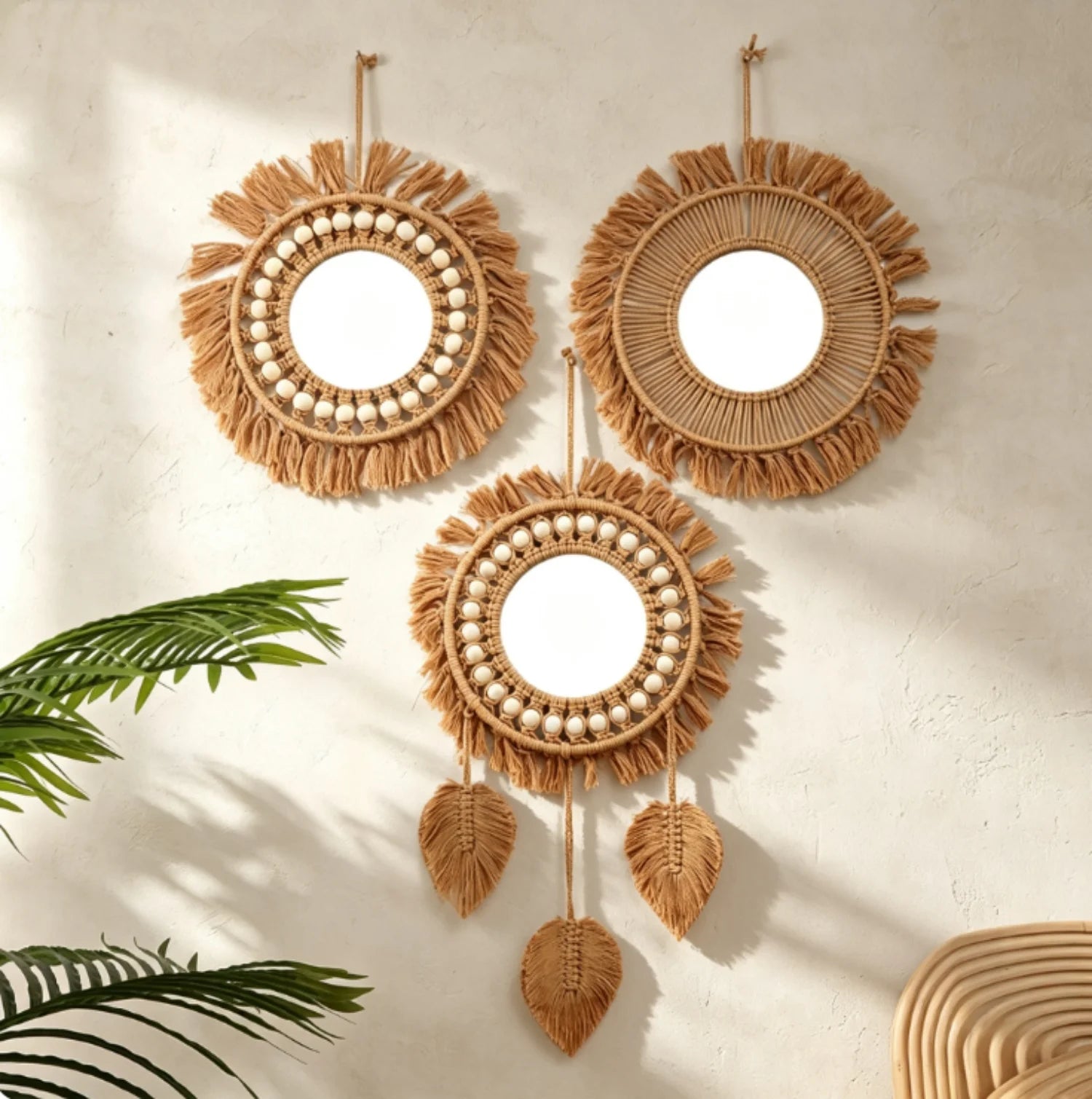 Sole woven sun mirrors on a wall