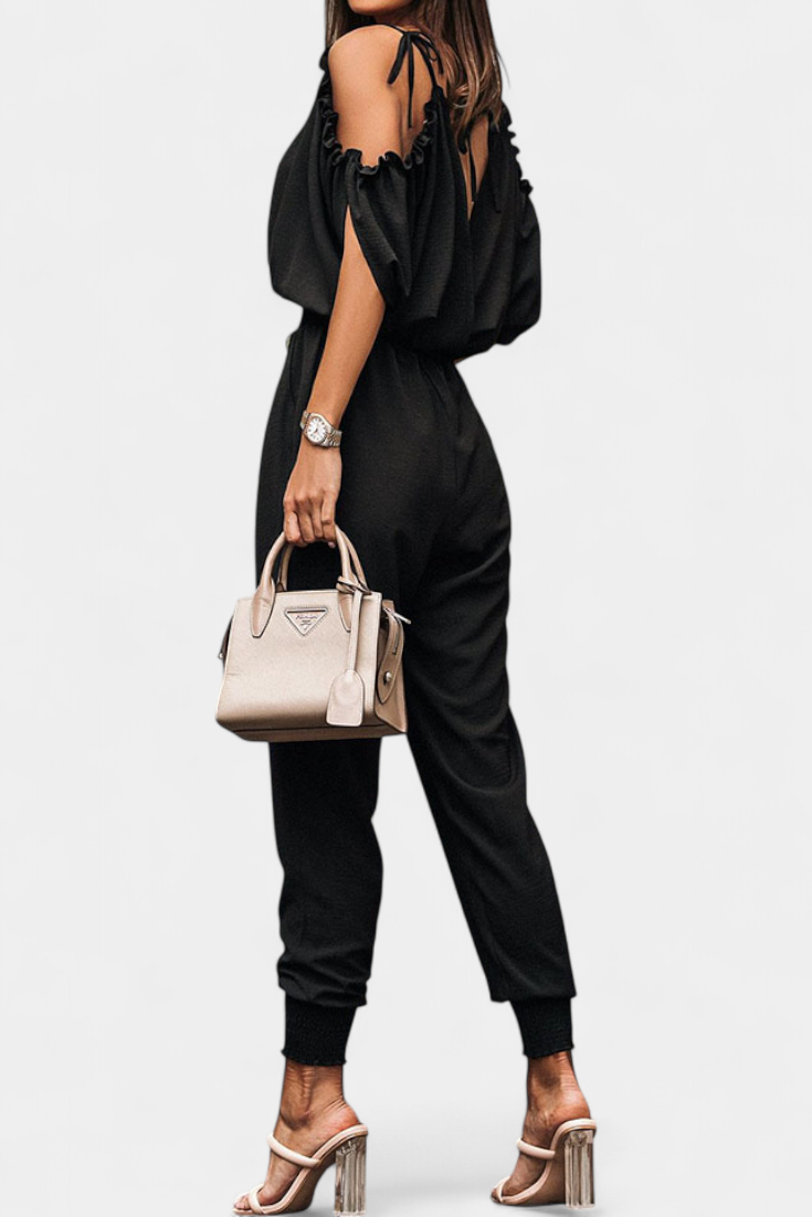 Solene Off Shoulder Jumpsuit with Crossed V Neck and Knotted Detail – women's jumpsuits, view 4