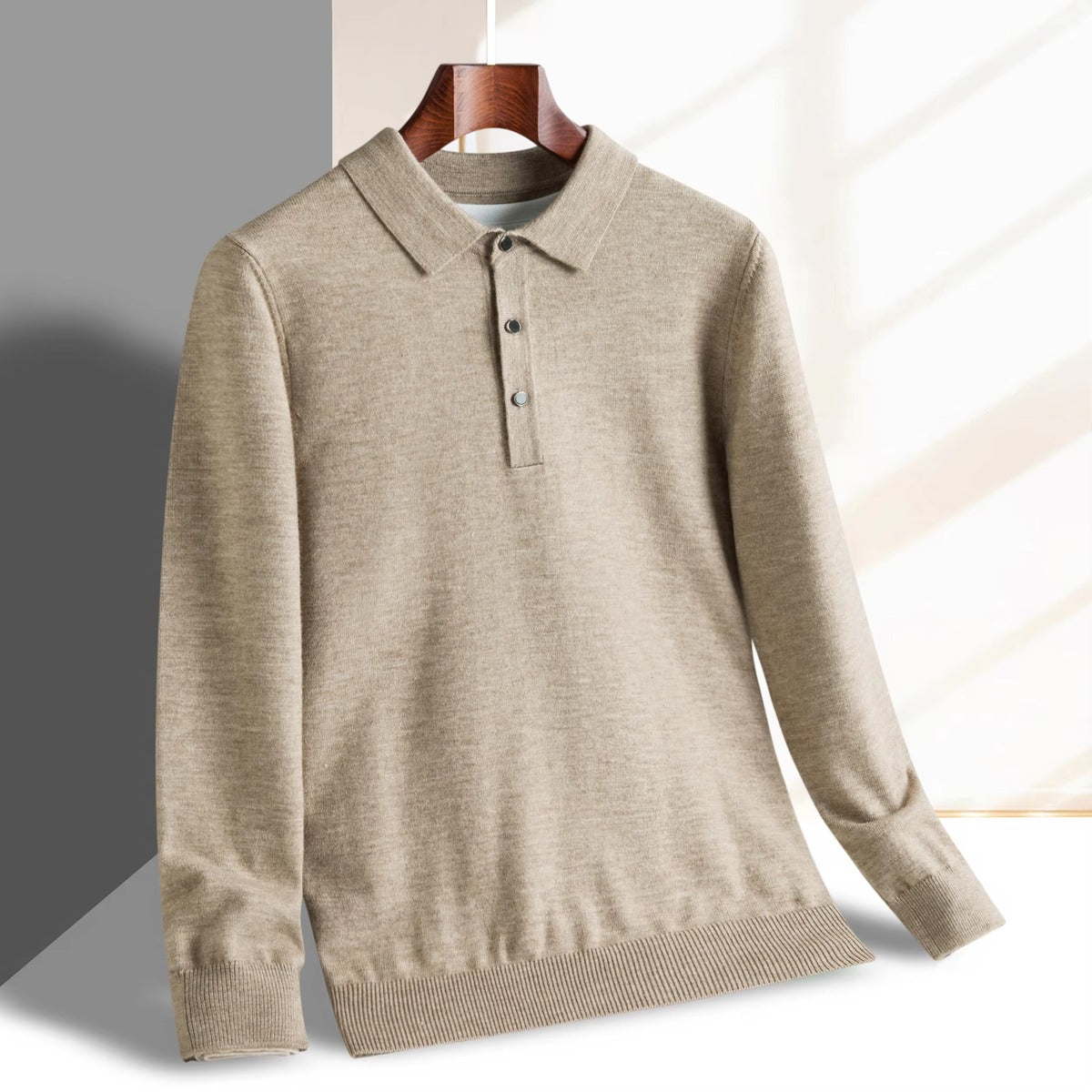 Spoleto men's long-sleeve knit polo in Beige