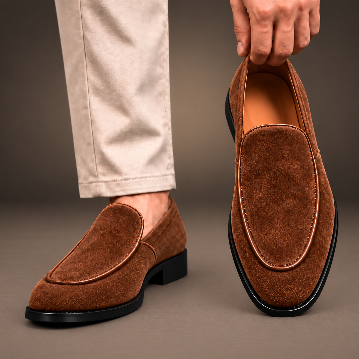 Torino men's suede loafers in Coffee, worn with chinos